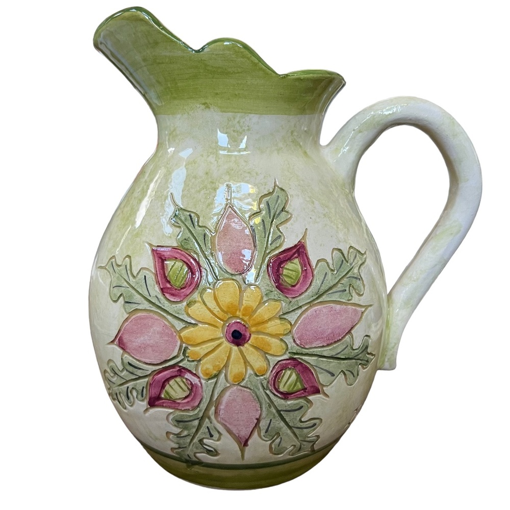 Hand Thrown Santorini Pottery Green & Pink Floral Ceramic Pitcher Signed 7"Tall